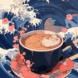 Affiche Japonaise Tasse de Café et Vague Kanagawa