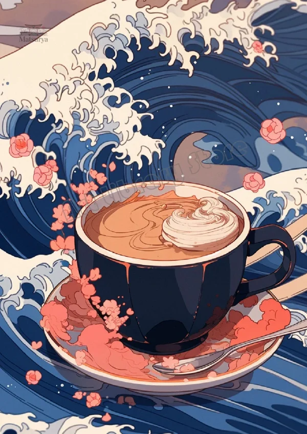 affiche-japonaise-tasse-de-cafe-et-vague-kanagawa-1 Affiche Japonaise Tasse de Café et Vague Kanagawa