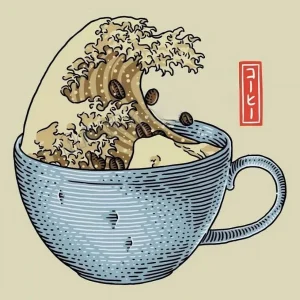 Affiche artistique de la vague Kanagawa avec tasse de café