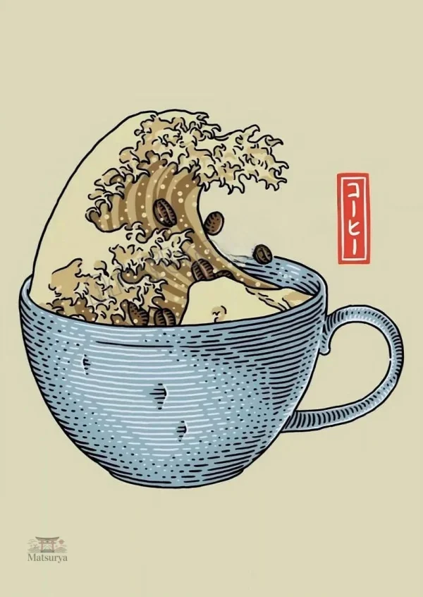 Affiche artistique de la vague Kanagawa avec tasse de café