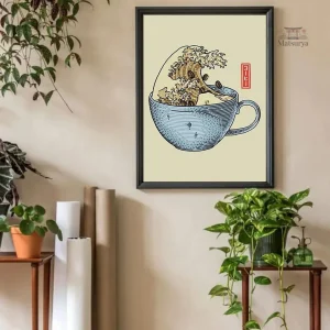 Décoration murale japonaise : tasse de café et vague emblématique