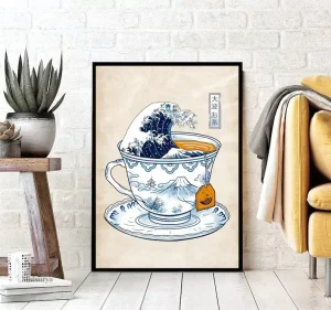 Affiche artistique motif Yama Fuji avec tasse de café