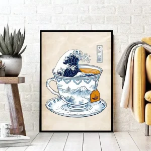 Affiche artistique motif Yama Fuji avec tasse de café