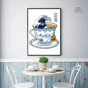Design japonais d'une tasse de café sur fond de montagne