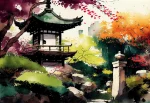 Affiche japonaise de temple avec paysage de sakura