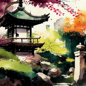 Affiche japonaise de temple avec paysage de sakura