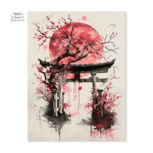 Affiche Japonaise Torii avec fleurs de cerisier Sakura