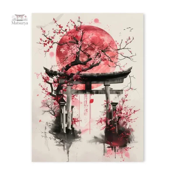 Affiche Japonaise Torii avec fleurs de cerisier Sakura