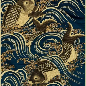 Affiche japonaise de vague et poisson Koi