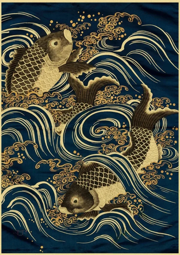 affiche-japonaise-vague-et-poisson-koi-1 Affiche japonaise de vague et poisson Koi