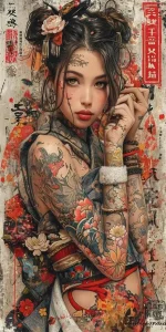 Affiche vintage femme avec style japonais traditionnel