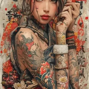 Affiche vintage femme avec style japonais traditionnel