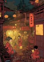 Poster japonais avec des femmes en tenues traditionnelles