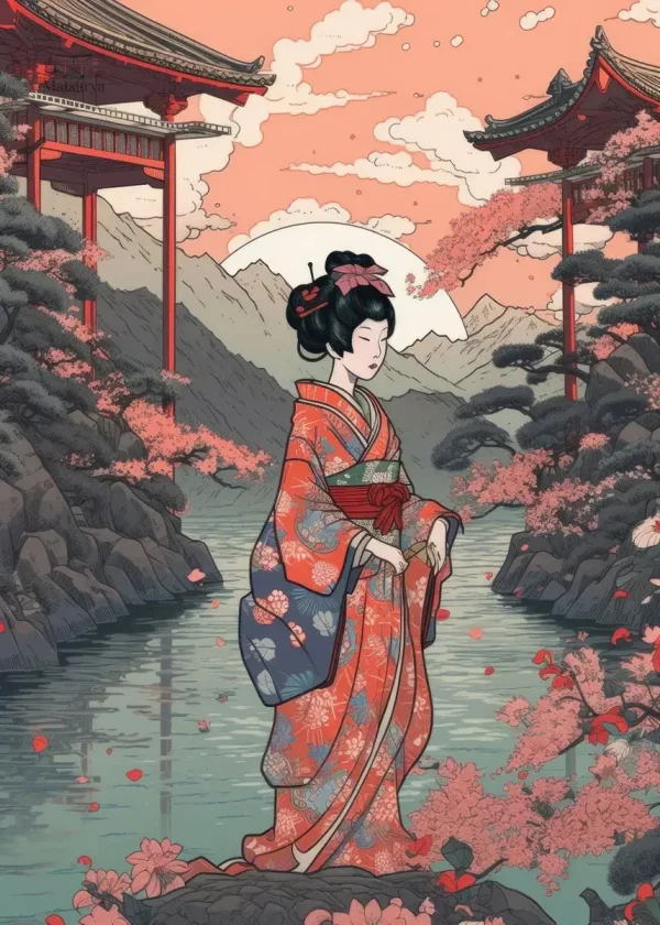 Art japonais en affiche avec des figures féminines