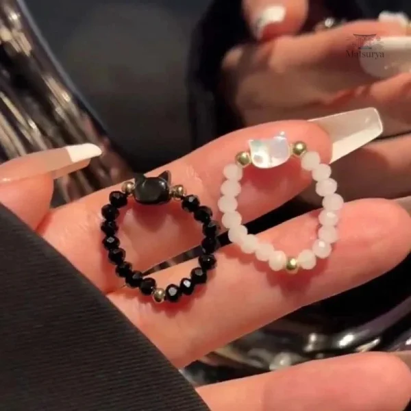 Bague Obsidienne design chat japonais