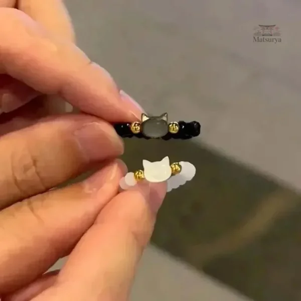 Bague élégante chat en obsidienne japonaise