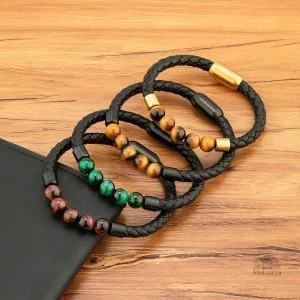 Bracelet cuir tressé avec pierre œil de tigre