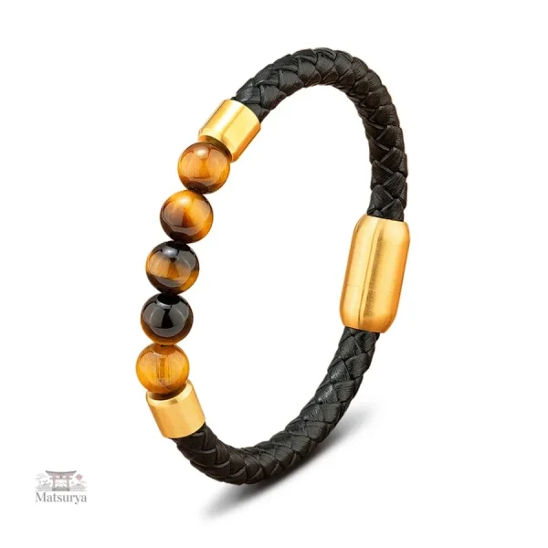Cuir tressé et œil de tigre, bracelet Japonais