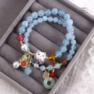 Bracelet japonais perle agate avec pendentif chat