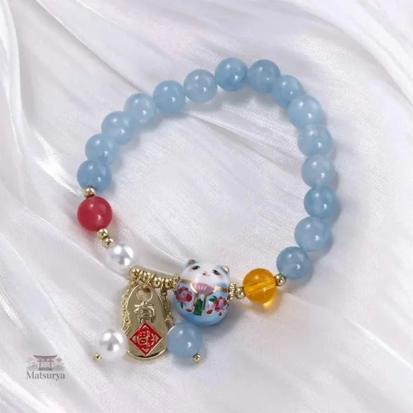 Accessoire japonais : bracelet agate et pendentif félin