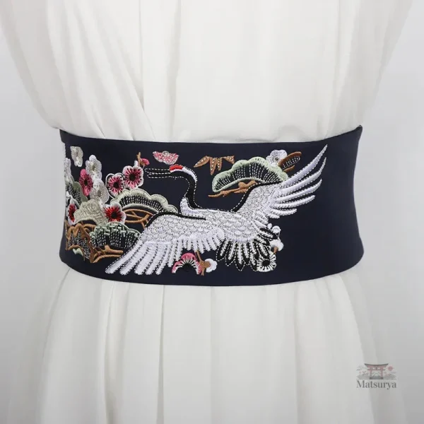 Grues japonaises sur ceinture Obi colorée