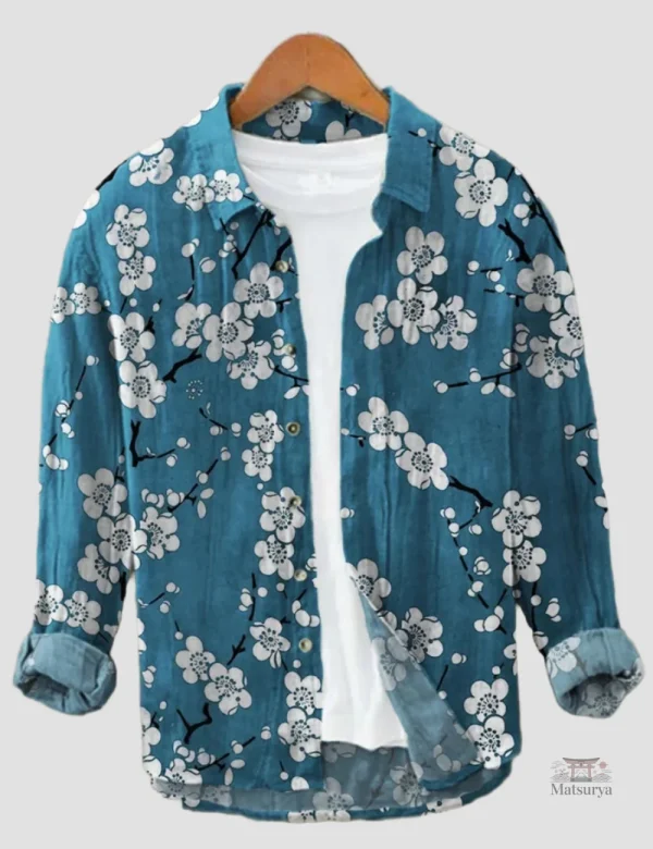 chemise-japonaise-fleurie-bleue-en-lin-1 Chemise fleurie bleue en lin