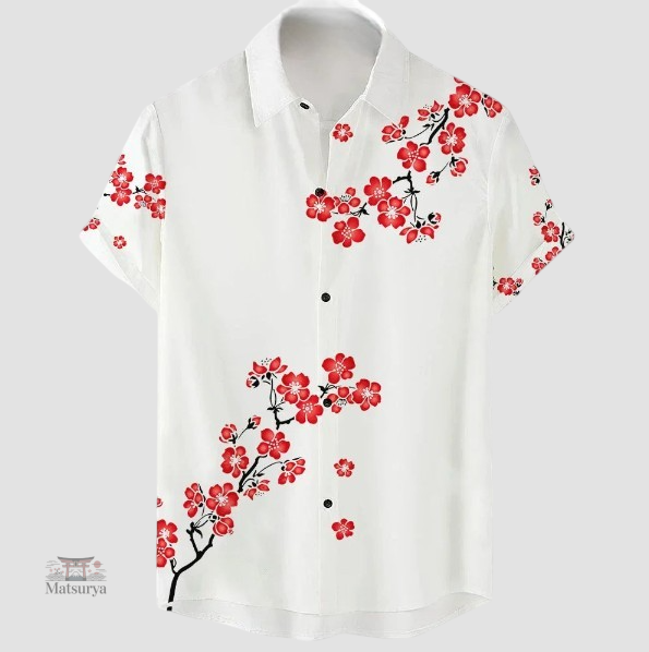 chemise-japonaise-fleurs-rouges-1 Chemise Japonaise Fleurs Rouges élégante et colorée