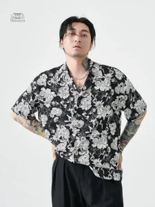 Chemise noire à motifs floraux, style japonais