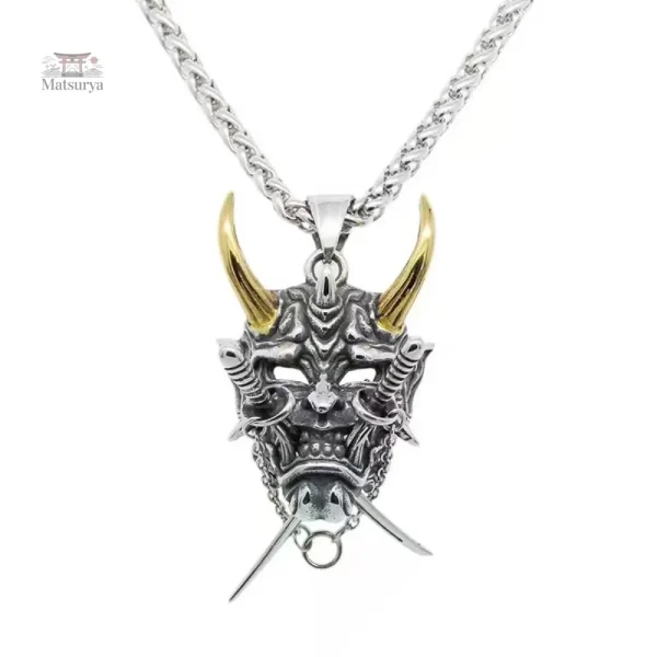 Collier stylisé épée et masque Oni japonais