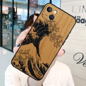 Coque iPhone en bois Kanagawa, design japonais traditionnel