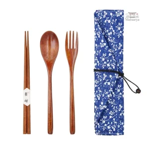 Couverts en bois japonais portables couleur bleue