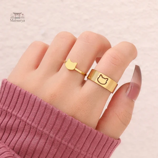 Jolie bague en inox, thème japonais avec chat