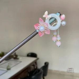 Accessoire en bois japonais pour cheveux, style floral