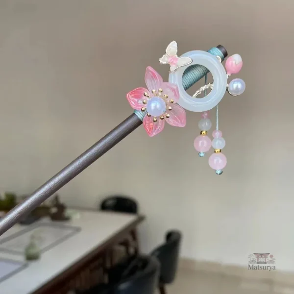 Accessoire en bois japonais pour cheveux, style floral