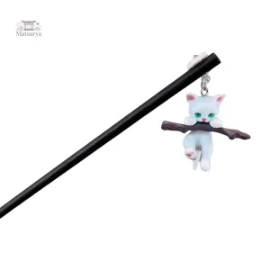 Épingle japonaise chat en bois pour coiffure élégante