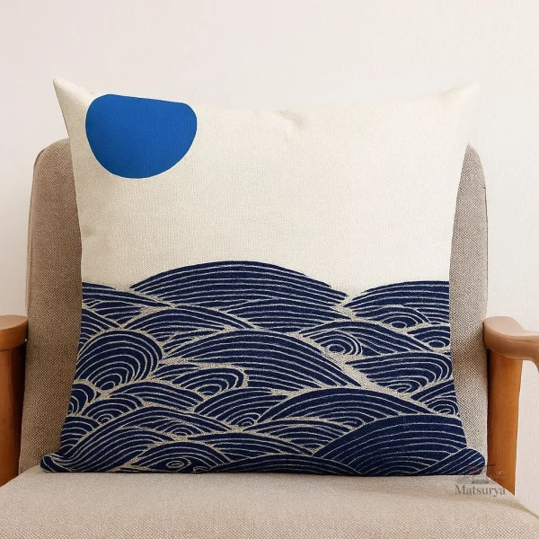 Housse d'oreiller japonaise motifs vagues bleues