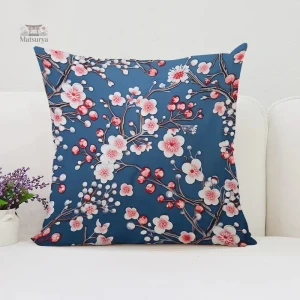 Housse de coussin bleu à motifs fleurs de cerisier
