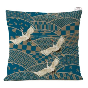 Housse de coussin bleue avec motifs de grues japonaises