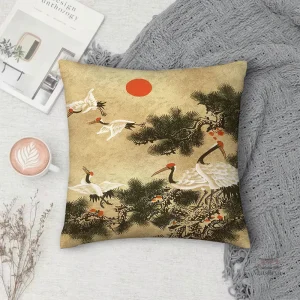 Housse de coussin carrée avec motifs de grues japonaises