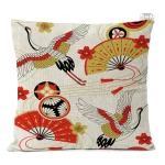 Housse de coussin japonaise avec motifs de grues et éventails