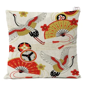 Housse de coussin japonaise avec motifs de grues et éventails