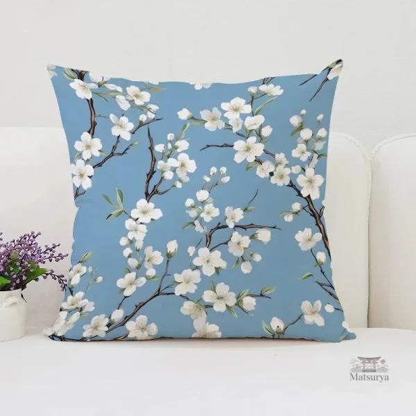 Coussin décoratif bleu à motif floral japonais