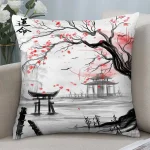 Housse de coussin avec paysage japonais et temple