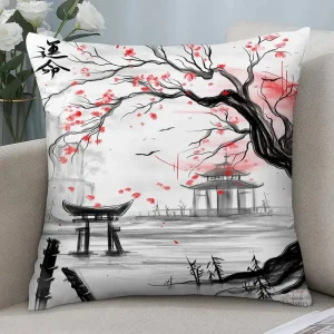 Housse de coussin avec paysage japonais et temple