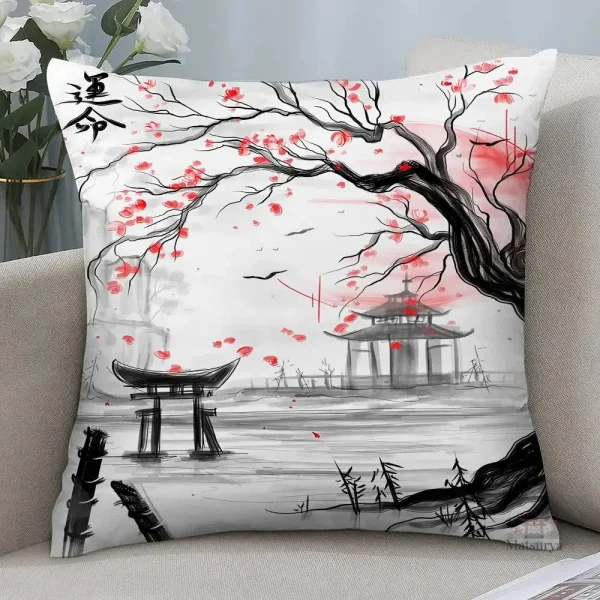 housse-de-coussin-paysage-et-temple-japonais-1 Housse de coussin avec paysage japonais et temple