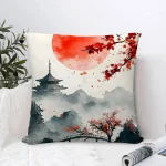 Housse de coussin avec motif de paysage japonais