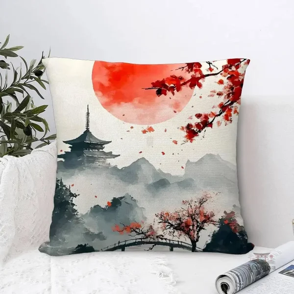 Housse de coussin avec motif de paysage japonais