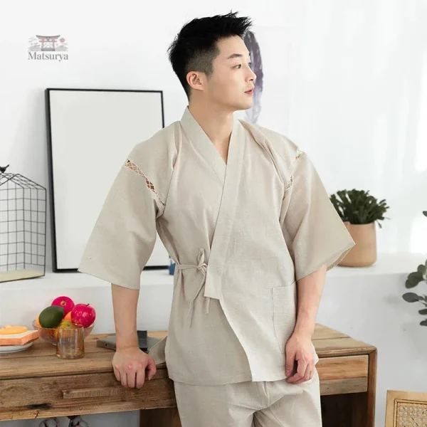 jinbei-homme-beige-1 Jinbei Homme Beige, vêtement traditionnel japonais pour homme