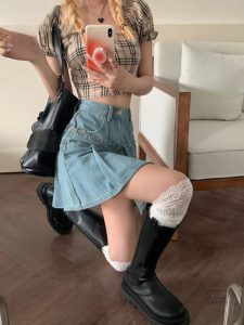 Jupe Plissée en Jean Style Japonais