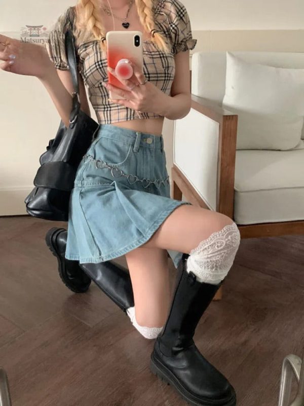Jupe Plissée Denim avec Style Japonais